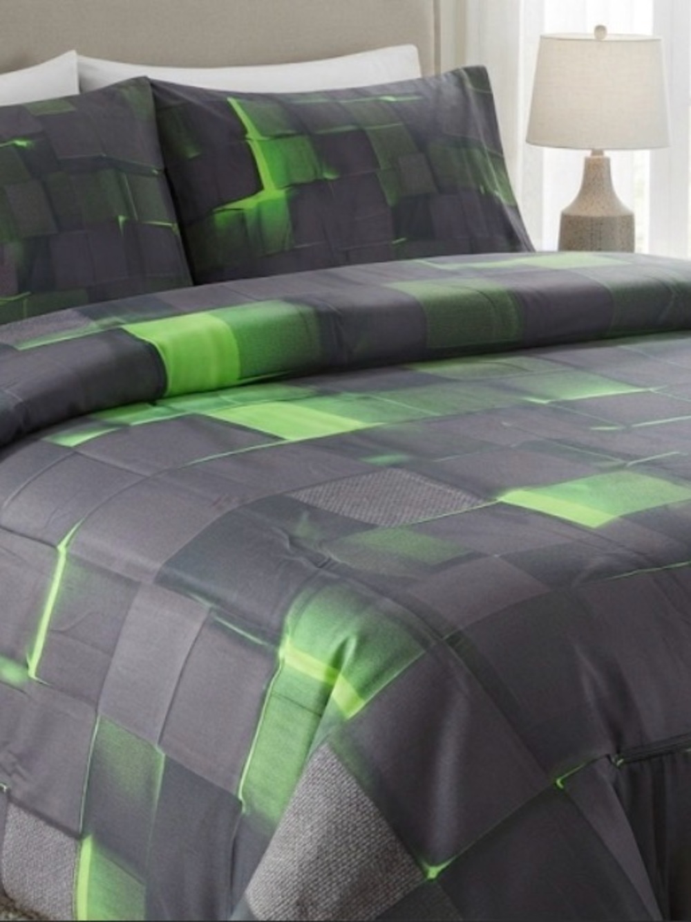 Modern Green & Gray Geometric Case Set for Duvet and Pillows
